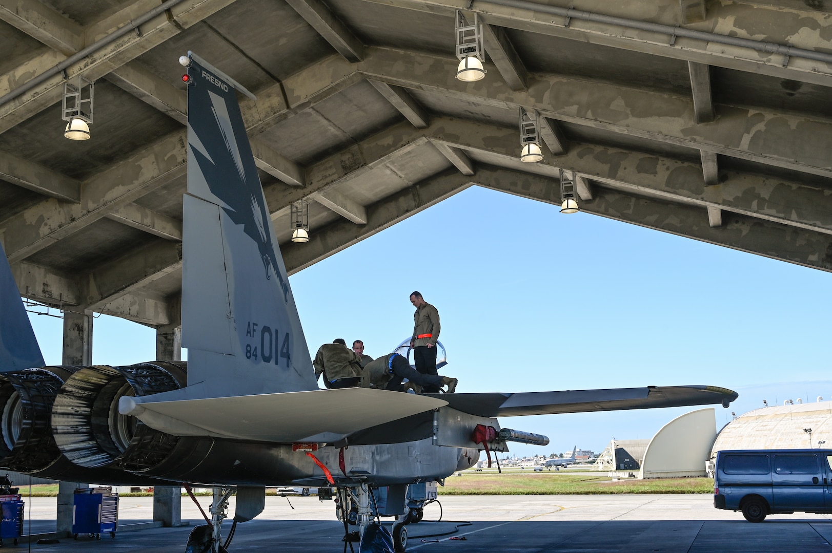 Airmen from the California Air National Guard’s 144th Fighter Wing repair an F-15C Eagle Nov. 16, 2023, at Kadena Air Base, Japan.