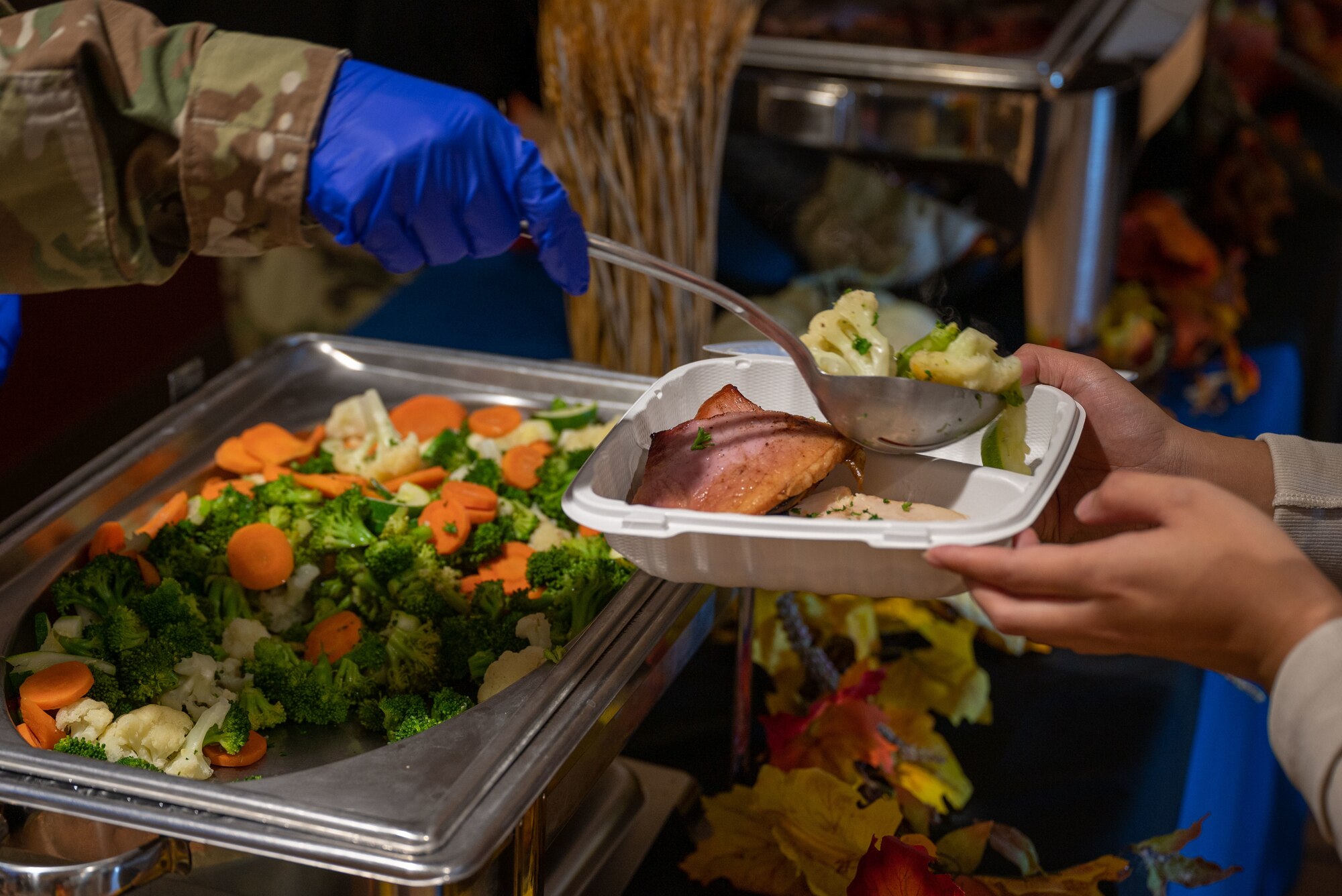 A member of Team Dover leadership serves vegetables to an Airman during the Thanksgiving lunch service at Dover Air Force Base, Delaware, Nov. 23, 2023. Team Dover members gathered together to share a Thanksgiving meal prepared by the Wright Patterson Dining Facility staff. (U.S. Air Force photo by Airman 1st Class Amanda Jett)