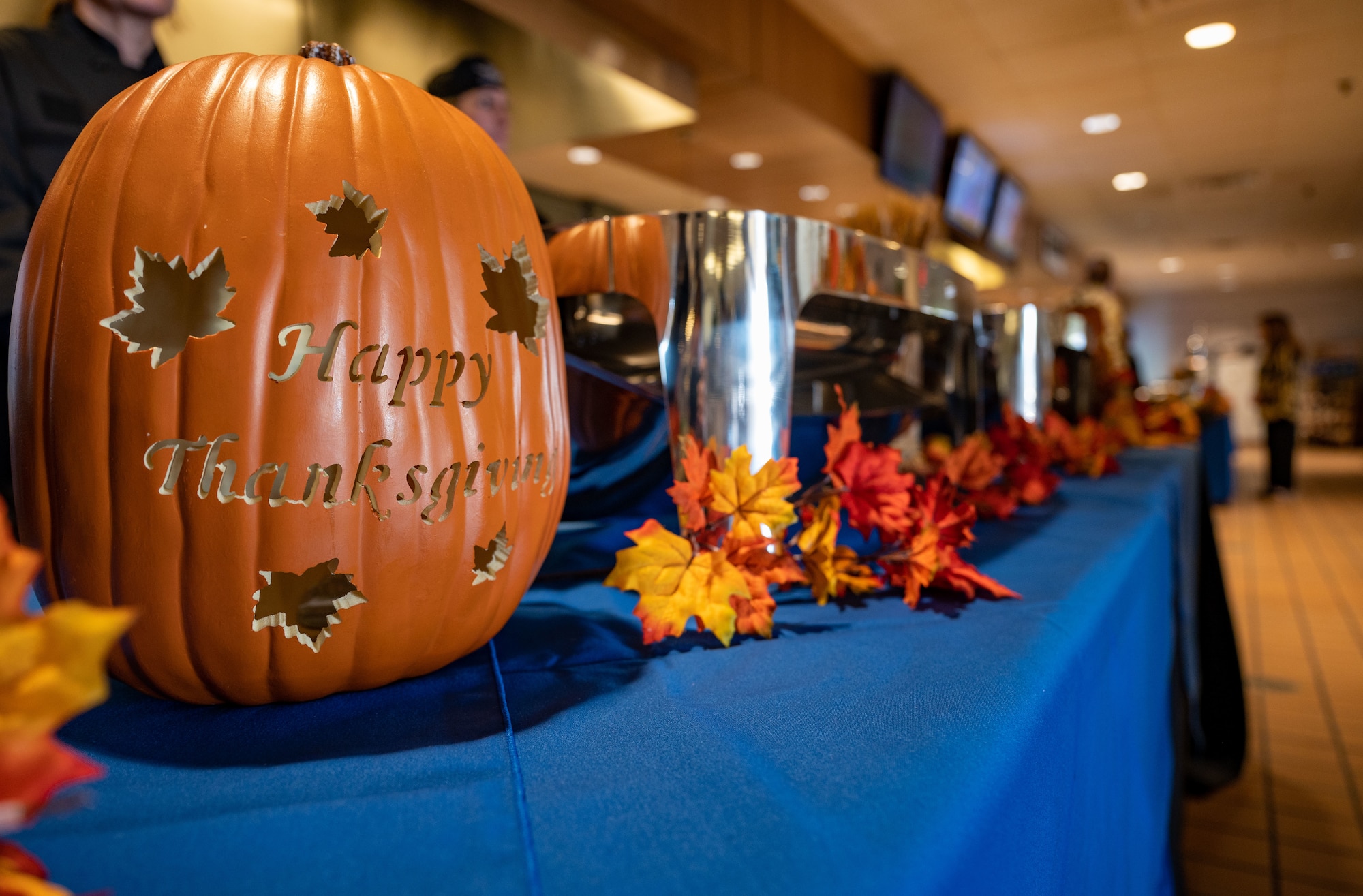 Thanksgiving decorations sit on a table before lunch service at Dover Air Force Base, Delaware, Nov. 23, 2023. Team Dover members gathered together to share a Thanksgiving meal prepared by the Wright Patterson Dining Facility staff. (U.S. Air Force photo by Airman 1st Class Amanda Jett)