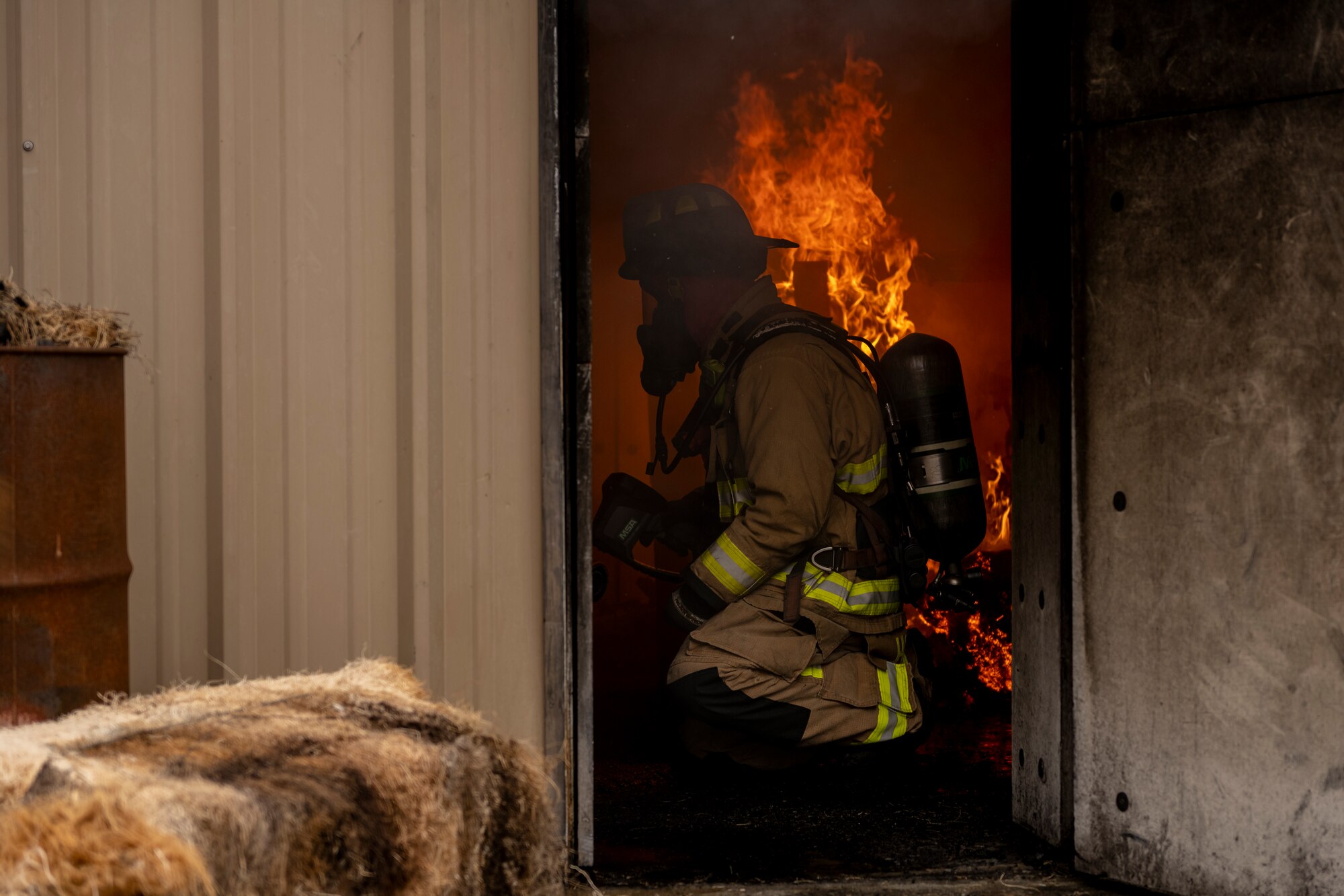 An Airman assigned to the 23rd Civil Engineer Squadron Fire Department participates in live-fire training
