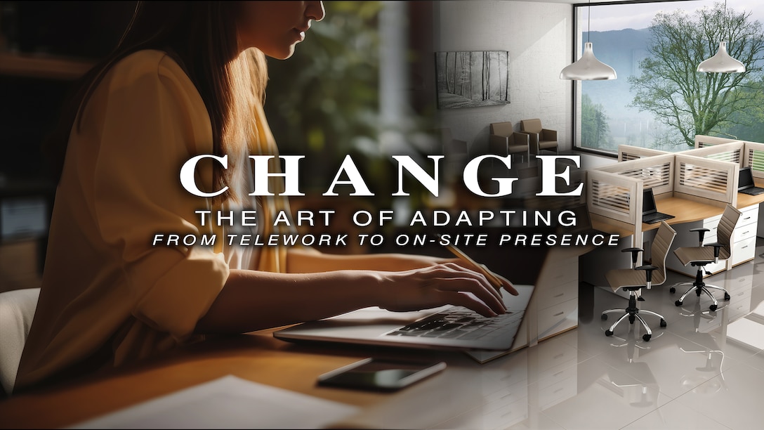 Woman sits in front of a laptop in a home setting imposed over an image of office cubicles.