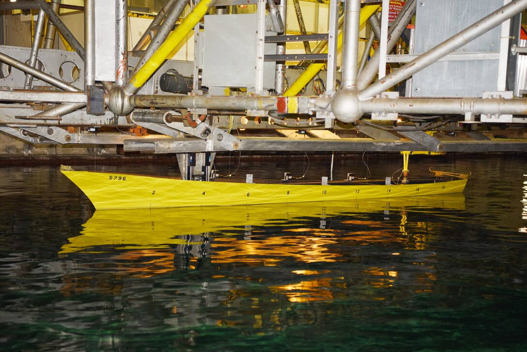 Calm water tow-tank testing of a large-scale additive manufactured (LSAM) ship model of the Arleigh-Burke class destroyer (DDG 51).