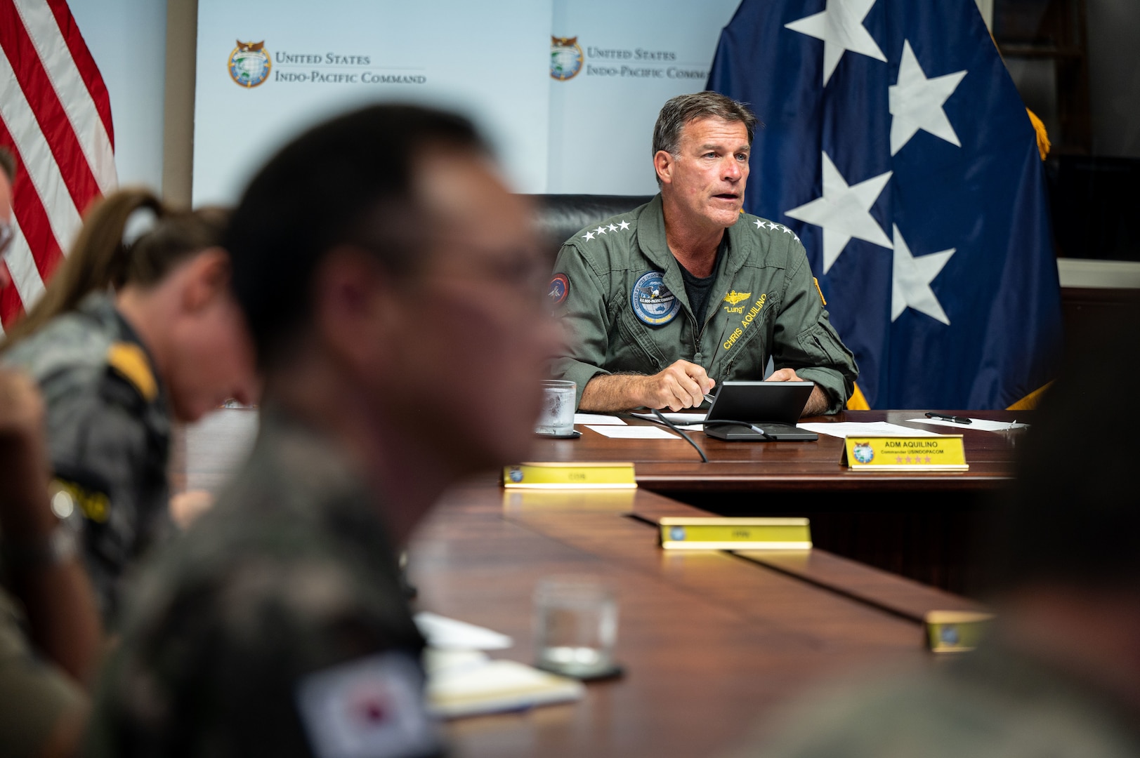 Adm. John C. Aquilino, Commander, U.S. Indo-Pacific Command, hosts a virtual meeting with the Indo-Pacific Chiefs of Defense. Senior military leaders from 20 countries discussed security concerns and regional issues as part of the quarterly meetings to strengthen military-to-military relationships and foster regional cooperation. USINDOPACOM is committed to enhancing stability in the Indo-Pacific region by promoting security cooperation, encouraging peaceful development, responding to contingencies, deterring aggression and, when necessary, fighting to win. (U.S. Navy photo by Chief Mass Communication Shannon Smith)