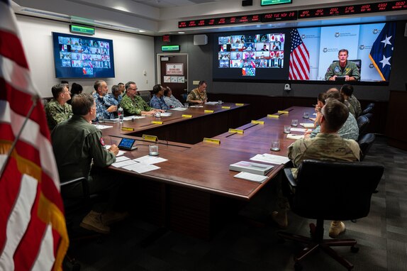Adm. John C. Aquilino, Commander, U.S. Indo-Pacific Command, hosts a virtual meeting with the Indo-Pacific Chiefs of Defense. Senior military leaders from 20 countries discussed security concerns and regional issues as part of the quarterly meetings to strengthen military-to-military relationships and foster regional cooperation. USINDOPACOM is committed to enhancing stability in the Indo-Pacific region by promoting security cooperation, encouraging peaceful development, responding to contingencies, deterring aggression and, when necessary, fighting to win. (U.S. Navy photo by Chief Mass Communication Shannon Smith)
