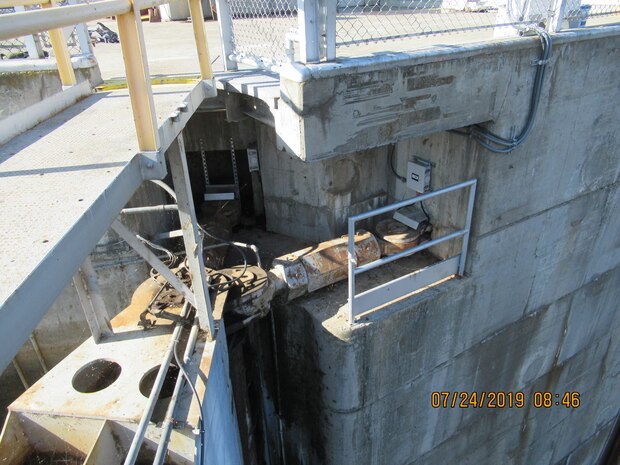 Progress photo of the gudgeon anchor replacement project at McNary Navigation Lock.