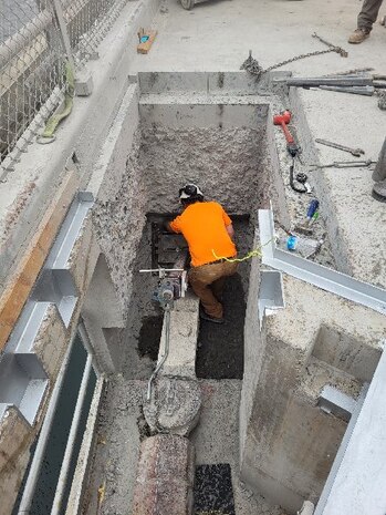 Progress photo of the gudgeon anchor replacement project at McNary Navigation Lock.