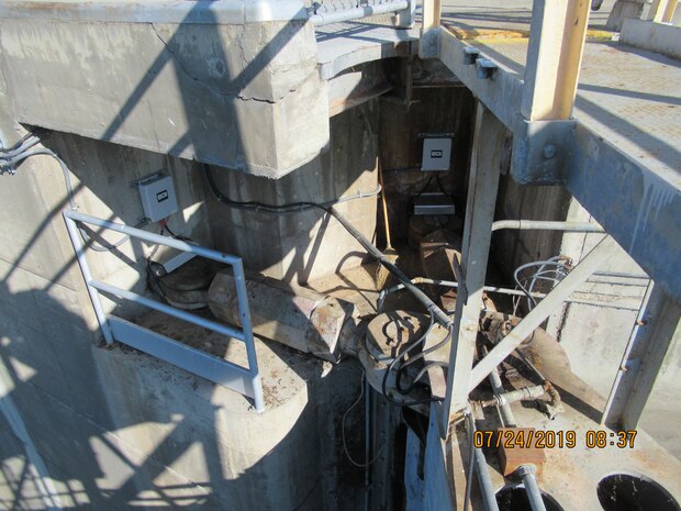 Progress photo of the gudgeon anchor replacement project at McNary Navigation Lock.