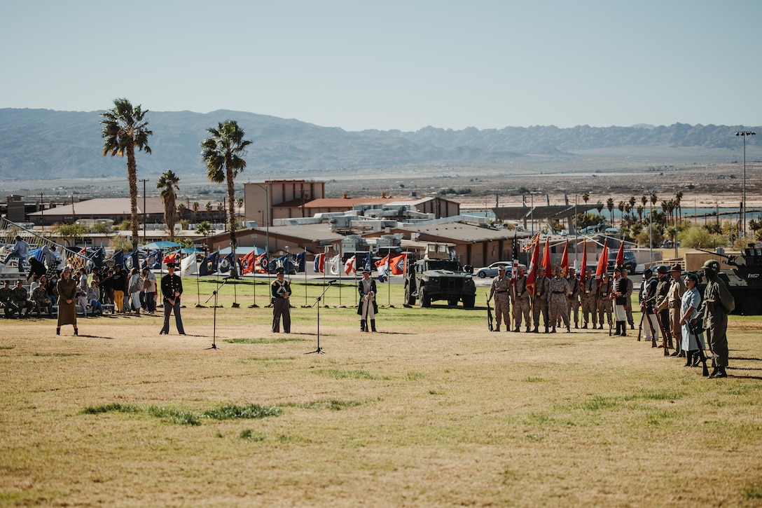 U.S. Marines with Headquarters Battalion, Marine Corps Air-Ground Combat Center, showcase historical Marine Corps uniforms during the 248th Marine Corps’ Birthday Pageant at MCAGCC, Twentynine Palms, California, Nov. 9, 2023. The birthday pageant is an annual tradition that includes the uniform pageant, as well as the traditional cake cutting ceremony in honor of the Marine Corps’ birthday. (U.S. Marine Corps photo by Lance Cpl. Richard PerezGarcia)