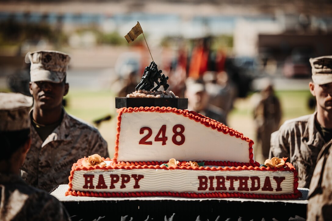 A Marine Corps birthday cake is showcased during the 248th Marine Corps’ birthday pageant and traditional cake cutting ceremony at Marine Corps Air Ground Combat Center, Twentynine Palms, California, Nov. 9, 2023. The birthday pageant is an annual tradition that includes the uniform pageant, as well as the traditional cake cutting ceremony in honor of the Marine Corps’ birthday. (U.S. Marine Corps photo by Lance Cpl. Richard PerezGarcia)
