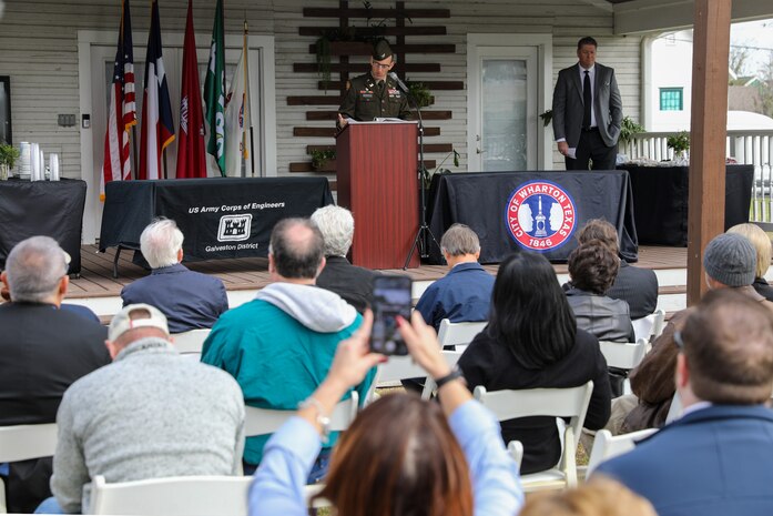 Col. Rhett Blackmon, U.S. Army Corps of Engineers (USACE) Galveston District commander speaks during the Colorado River Levee Project Phase 1 groundbreaking ceremony at Dinosaur Park in Wharton, Texas, November 29, 2023. 

Once complete, the Wharton Levee System will be a flood risk reduction system consisting of levees, floodwalls, a storm drainage relief system, riverbank stabilization, new mitigation wetland areas and sumps with gravity drainage.