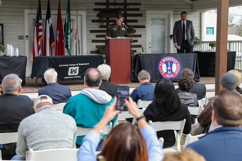 Col. Rhett Blackmon, U.S. Army Corps of Engineers (USACE) Galveston District commander speaks during the Colorado River Levee Project Phase 1 groundbreaking ceremony at Dinosaur Park in Wharton, Texas, November 29, 2023. 

Once complete, the Wharton Levee System will be a flood risk reduction system consisting of levees, floodwalls, a storm drainage relief system, riverbank stabilization, new mitigation wetland areas and sumps with gravity drainage.