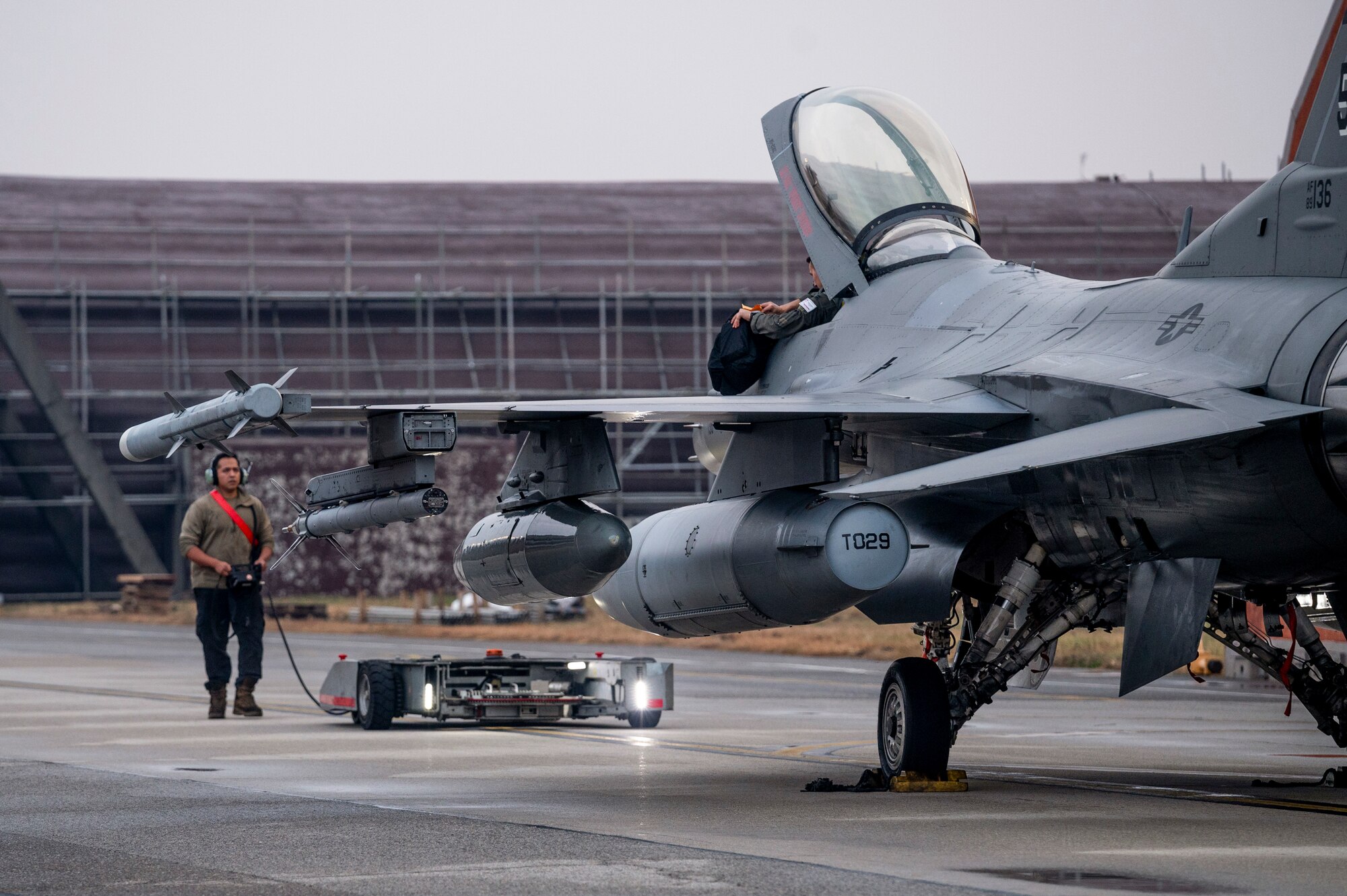 A U.S. Air Force F-16 Fighting Falcon assigned to the 36th Fighter Squadron returns from Commando Sling 23 at Osan Air Base, Republic of Korea, Nov. 27, 2023.