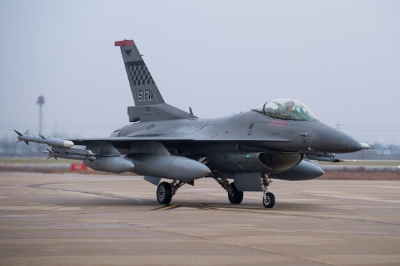 A U.S. Air Force F-16 Fighting Falcon assigned to the 36th Fighter Squadron returns from Commando Sling 23 at Osan Air Base, Republic of Korea, Nov. 27, 2023.