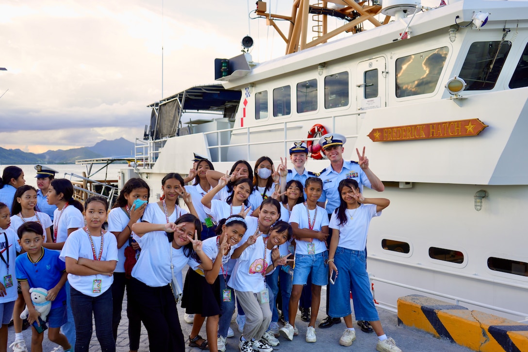 The USCGC Frederick Hatch (WPC 1143) crew hosts students from the Philippine National Police in Tacloban, Philippines, on Oct. 20, 2023. The crew successfully concluded a routine 47-day expeditionary patrol covering more than 8,200 nautical miles under Operation Blue Pacific, returning to Guam on Thanksgiving, distinguished by a series of historic and strategic engagements across the Western Pacific and Oceania. The Frederick Hatch is the 43rd 154-foot Sentinel-class fast response cutter named for a surfman and lighthouse keeper who was a two-time Gold Life Saving Medal recipient. They regularly patrol Oceania, fostering international cooperation and supporting maritime safety, security, and stewardship. (U.S Coast Guard photo)