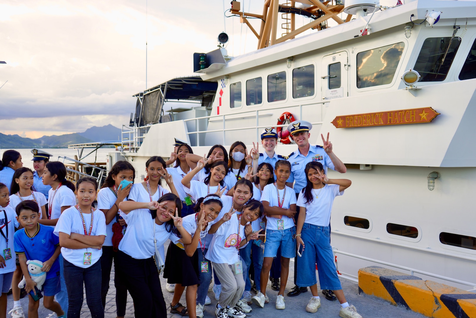 The USCGC Frederick Hatch (WPC 1143) crew hosts students from the Philippine National Police in Tacloban, Philippines, on Oct. 20, 2023. The crew successfully concluded a routine 47-day expeditionary patrol covering more than 8,200 nautical miles under Operation Blue Pacific, returning to Guam on Thanksgiving, distinguished by a series of historic and strategic engagements across the Western Pacific and Oceania. The Frederick Hatch is the 43rd 154-foot Sentinel-class fast response cutter named for a surfman and lighthouse keeper who was a two-time Gold Life Saving Medal recipient. They regularly patrol Oceania, fostering international cooperation and supporting maritime safety, security, and stewardship. (U.S Coast Guard photo)