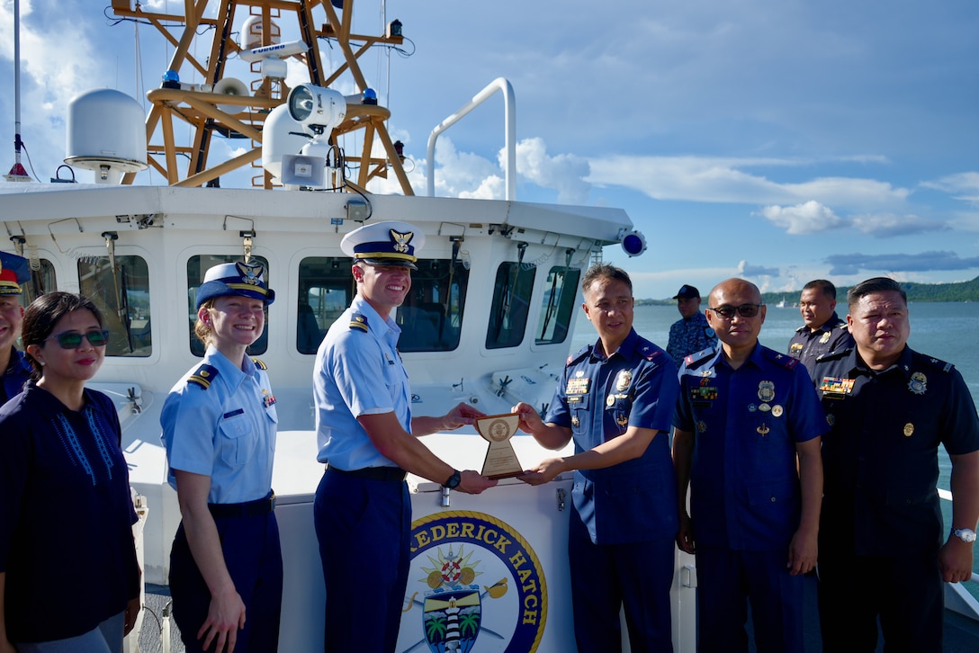 The USCGC Frederick Hatch (WPC 1143) crew host officers from the Philippine National Police in Tacloban, Philippines, on Oct. 20, 2023. The crew successfully concluded a routine 47-day expeditionary patrol covering more than 8,200 nautical miles under Operation Blue Pacific, returning to Guam on Thanksgiving, distinguished by a series of historic and strategic engagements across the Western Pacific and Oceania. The Frederick Hatch is the 43rd 154-foot Sentinel-class fast response cutter named for a surfman and lighthouse keeper who was a two-time Gold Life Saving Medal recipient. They regularly patrol Oceania, fostering international cooperation and supporting maritime safety, security, and stewardship. (U.S Coast Guard photo)