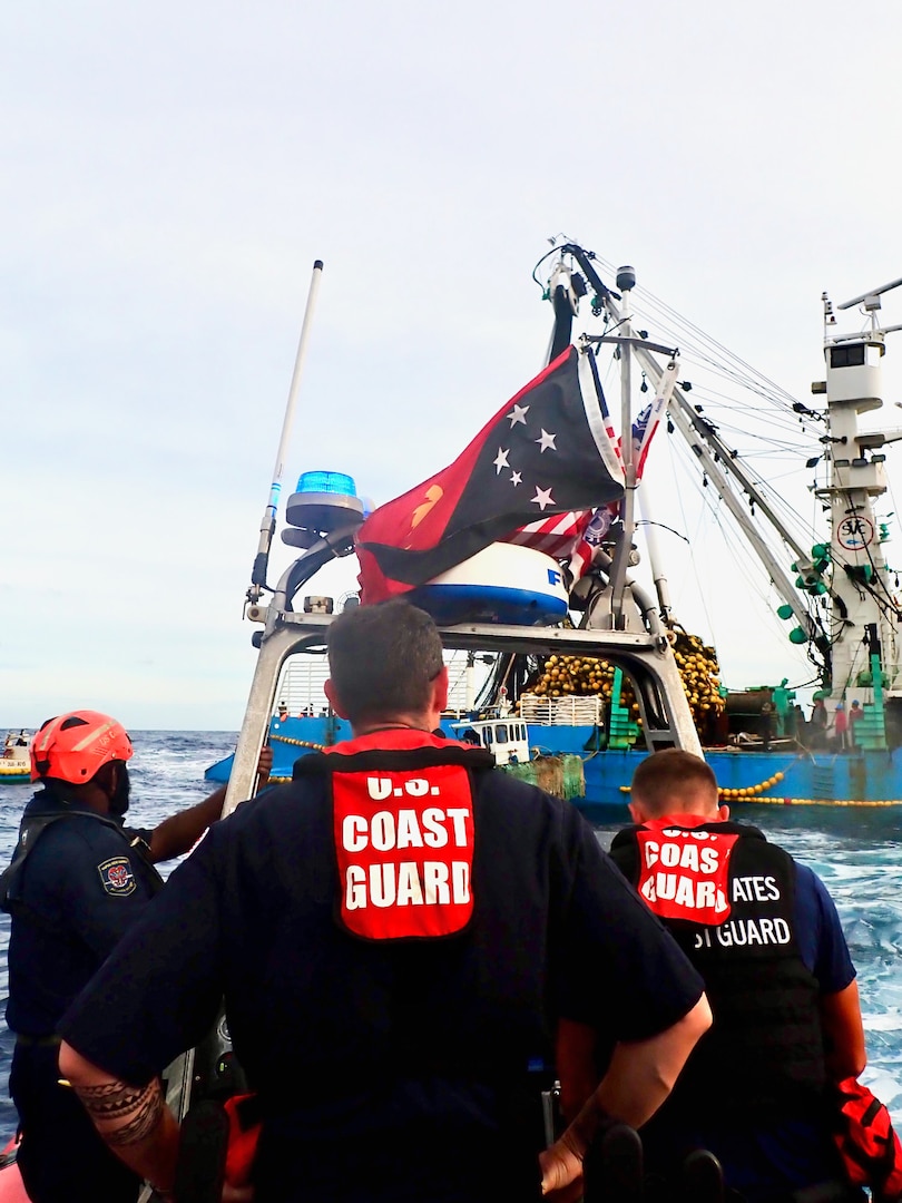 The USCGC Frederick Hatch (WPC 1143) conducts joint fisheries boardings with members of the Papua New Guinea National Fisheries Authority and the Customs Service in the Papua New Guinea exclusive economic zone on Nov. 7, 2023. The crew successfully concluded a routine 47-day expeditionary patrol covering more than 8,200 nautical miles under Operation Blue Pacific, returning to Guam on Thanksgiving, distinguished by a series of historic and strategic engagements across the Western Pacific and Oceania. The Frederick Hatch is the 43rd 154-foot Sentinel-class fast response cutter named for a surfman and lighthouse keeper who was a two-time Gold Life Saving Medal recipient. They regularly patrol Oceania, fostering international cooperation and supporting maritime safety, security, and stewardship. (U.S Coast Guard photo)