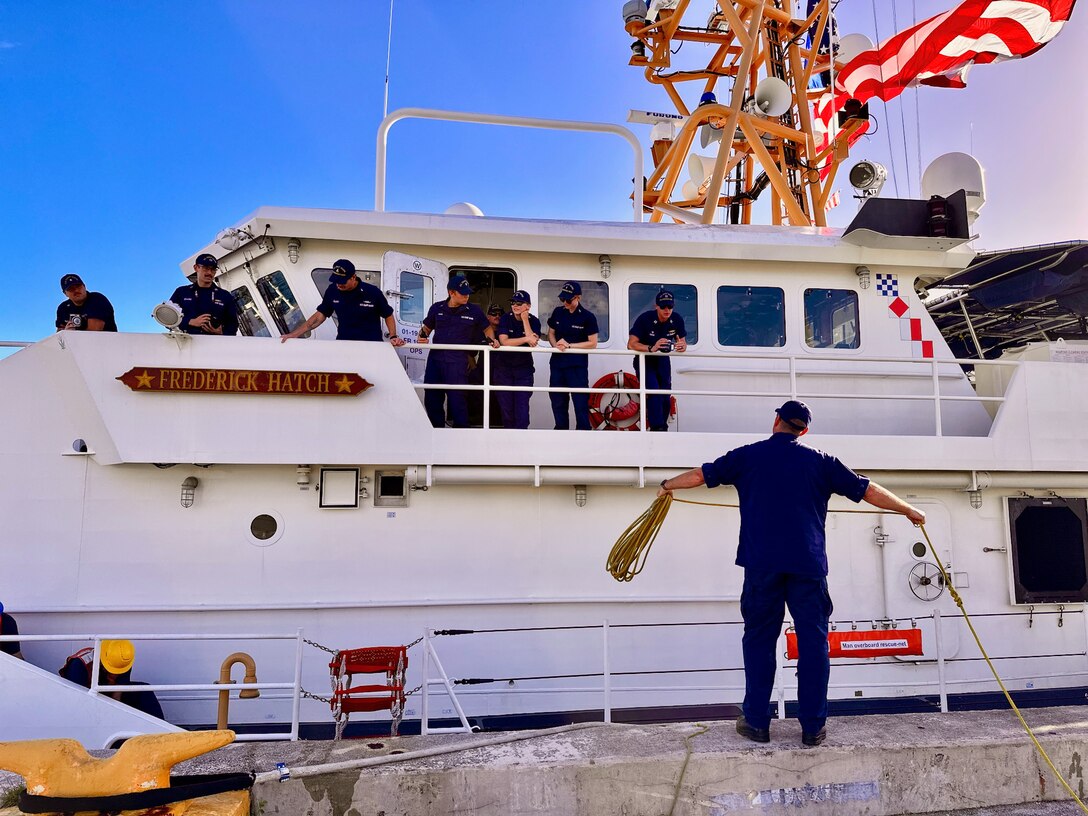 The USCGC Frederick Hatch (WPC 1143) returns to Guam on Thanksgiving, Nov. 23, 2023. The crew successfully concluded a routine 47-day expeditionary patrol covering more than 8,200 nautical miles under Operation Blue Pacific, returning to Guam on Thanksgiving, distinguished by a series of historic and strategic engagements across the Western Pacific and Oceania. The Frederick Hatch is the 43rd 154-foot Sentinel-class fast response cutter named for a surfman and lighthouse keeper who was a two-time Gold Life Saving Medal recipient. They regularly patrol Oceania, fostering international cooperation and supporting maritime safety, security, and stewardship. (U.S Coast Guard photo by Chief Warrant Officer Sara Muir)