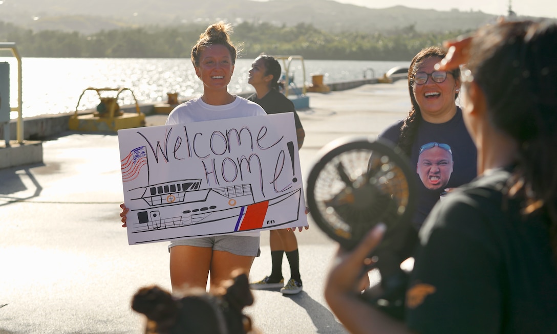 The USCGC Frederick Hatch (WPC 1143) returns to Guam on Thanksgiving, Nov. 23, 2023. The crew successfully concluded a routine 47-day expeditionary patrol covering more than 8,200 nautical miles under Operation Blue Pacific, returning to Guam on Thanksgiving, distinguished by a series of historic and strategic engagements across the Western Pacific and Oceania. The Frederick Hatch is the 43rd 154-foot Sentinel-class fast response cutter named for a surfman and lighthouse keeper who was a two-time Gold Life Saving Medal recipient. They regularly patrol Oceania, fostering international cooperation and supporting maritime safety, security, and stewardship. (U.S Coast Guard photo by Chief Warrant Officer Sara Muir)