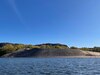 An island of sand with trees in the background and water in the foreground.