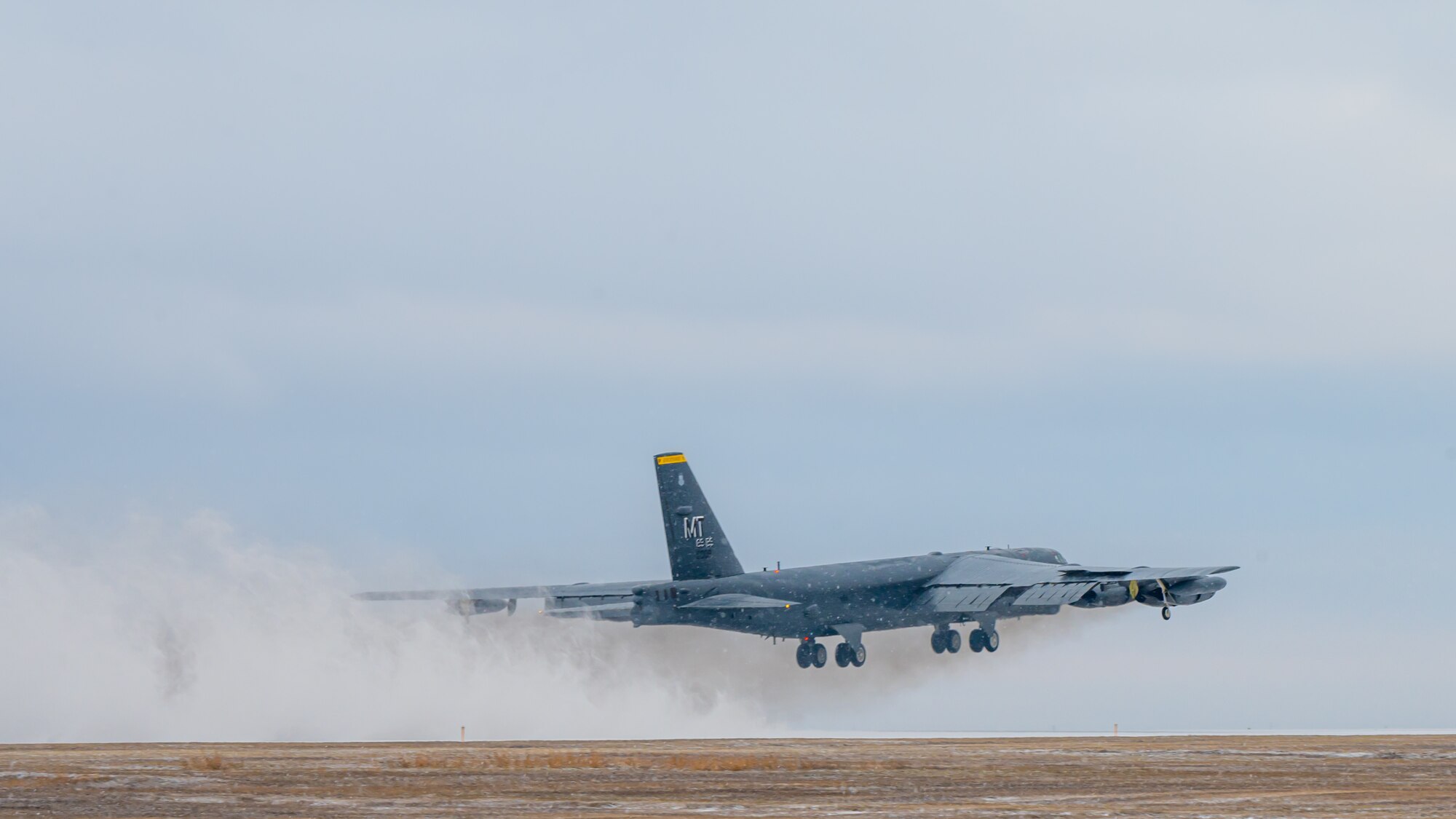A B-52H Stratofortress takes off from Minot Air Force Base, North Dakota, Nov. 27, 2023. Only the 'H' model remains in Air Force inventory and is assigned to the 5th Bomb Wing at Minot AFB, North Dakota, and the 2nd Bomb Wing at Barksdale AFB, Louisiana, which fall under Air Force Global Strike Command. (U.S. Air Force photo by Airman 1st Class Alexander Nottingham)