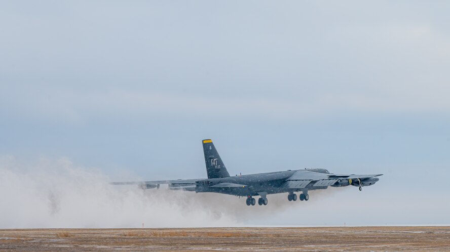 A B-52H Stratofortress takes off from Minot Air Force Base, North Dakota, Nov. 27, 2023. Only the 'H' model remains in Air Force inventory and is assigned to the 5th Bomb Wing at Minot AFB, North Dakota, and the 2nd Bomb Wing at Barksdale AFB, Louisiana, which fall under Air Force Global Strike Command. (U.S. Air Force photo by Airman 1st Class Alexander Nottingham)