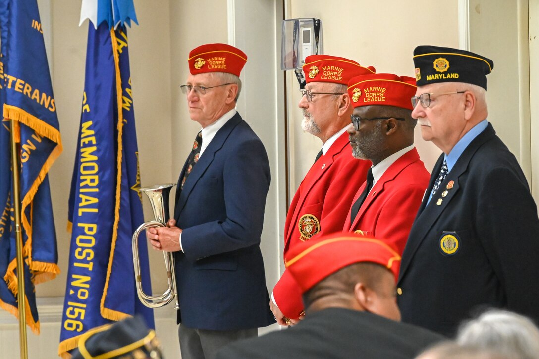 Members of the Veterans of Foreign Wars post 7472 attend an award ceremony. Retired United States Marine Corps Colonel Lou Schott was awarded the Silver Star Medal, Thursday May 18th, 2023, for his heroic actions during the Battle of Okinawa on June 20th, 1945. Schott, at 102 years old, is the oldest ranking U.S. Marine Corps officer. His Bronze Star Medal was officially upgraded to a Silver Star Medal during a ceremony at the Veterans of Foreign Wars Post 7472 in Ellicott City, Maryland.