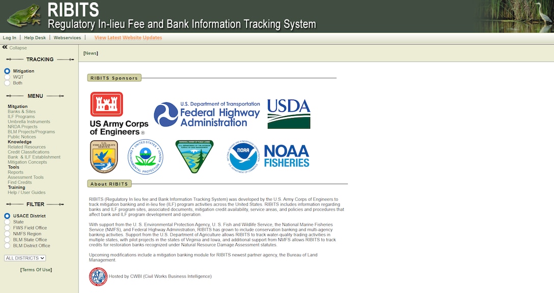 An image of the RIBITS website - go to https://ribits.ops.usace.army.mil/ords/f?p=107:158:::::: to interact with the site and all of its features.