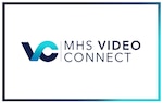 White rectangle shaped graphic with a border in two tone blue in a square shape around the permiter of the graphic. In the middle is a logo that looks like VC and it says "MHS Video Connect" in navy color.