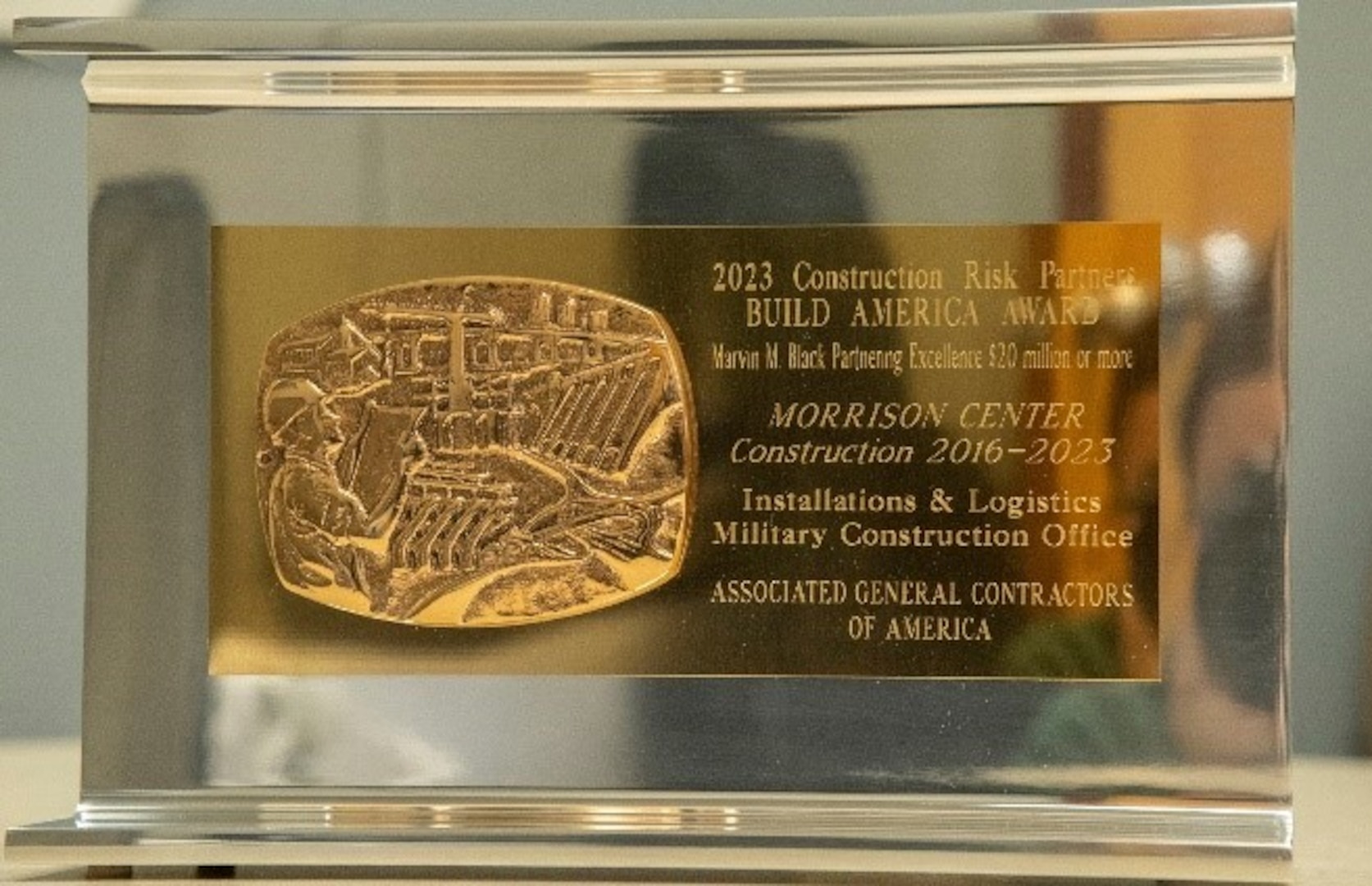 A closeup of the Marvin M Black award. The Morrison Center also received the Association of General Contractors Marvin M. Black Excellence in Partnering and Collaboration Award.