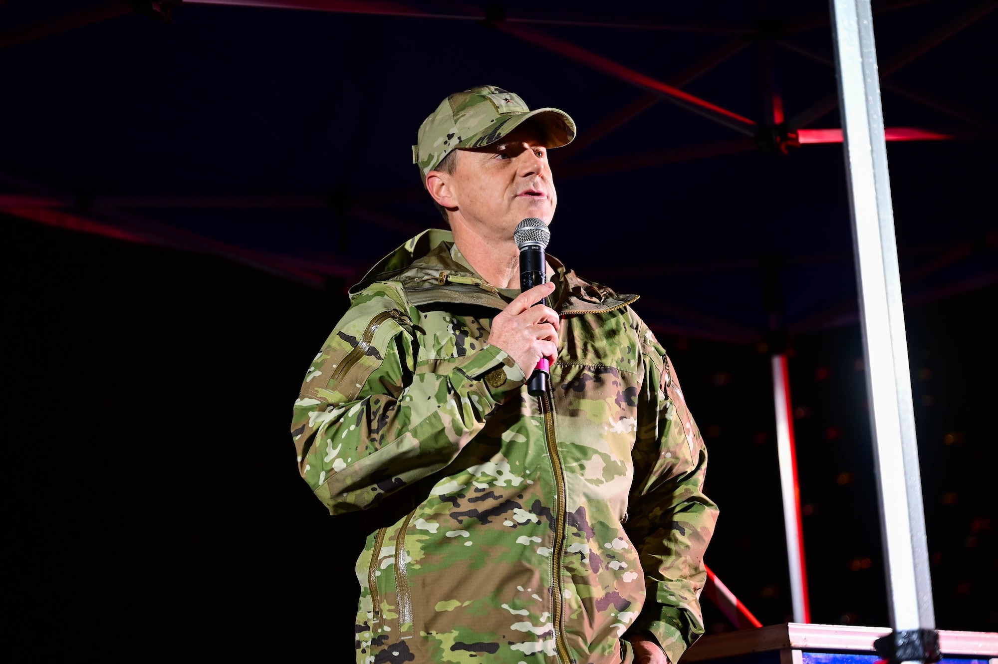 U.S. Air Force Brig. Gen. Tad Clark, 31st Fighter Wing commander, speaks at the tree lighting ceremony during the annual Wyvern Wonderland.