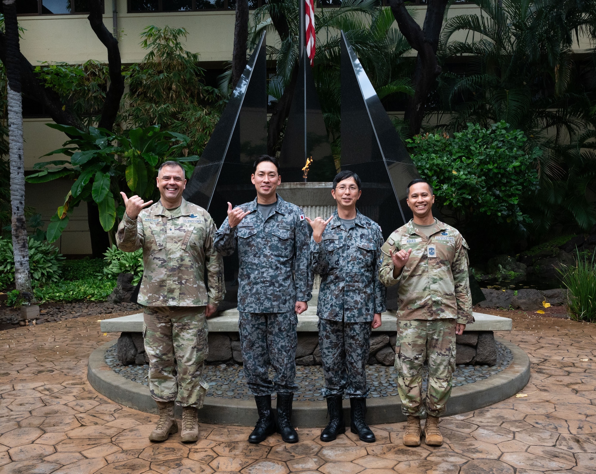 U.S. Space Force Brig. Gen. Anthony J. Mastalir, U.S. Space Forces Indo-Pacific commander, and Chief Master Sgt. Leomel I. Abueg, U.S. Space Force-Indo-Pacific Component-Field Command Senior Enlisted Leader, met with Japan Air Self-Defense Force Col. Ajiki Toshihide, staff of the Commander of the Space Operations Group and Lt. Col. Hirano, Space Operations, Information and Network Communication Systems, to further integrate our JASDF partners into operations and capabilities of U.S. Space Forces in the Pacific region, Joint Base Pearl Harbor-Hickam, Hawaii, November 28, 2023. The U.S. and Japan will continue to seek modernization efforts, enhance integrated deterrence through space security initiatives, and reinforce interoperability though joint exercises, training, and space education. (U.S. Air Force photo by Tech. Sgt. Hailey Haux)