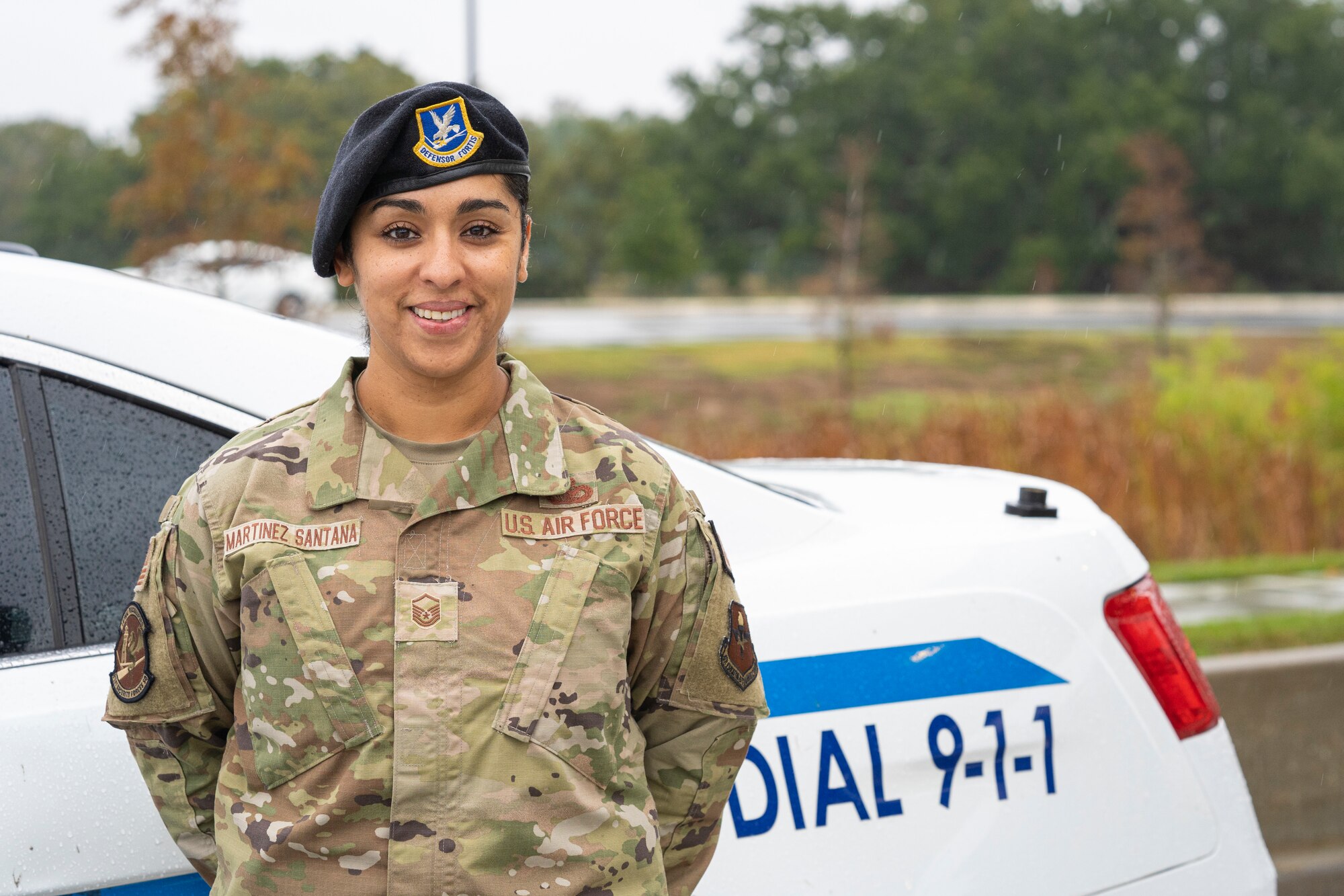 U.S. Air Force Master Sgt. Jessica Martinez-Santana, 81st Security Forces Squadron operations NCO in charge, poses for a photo at Keesler Air Force Base, Mississippi, Nov. 14, 2023.