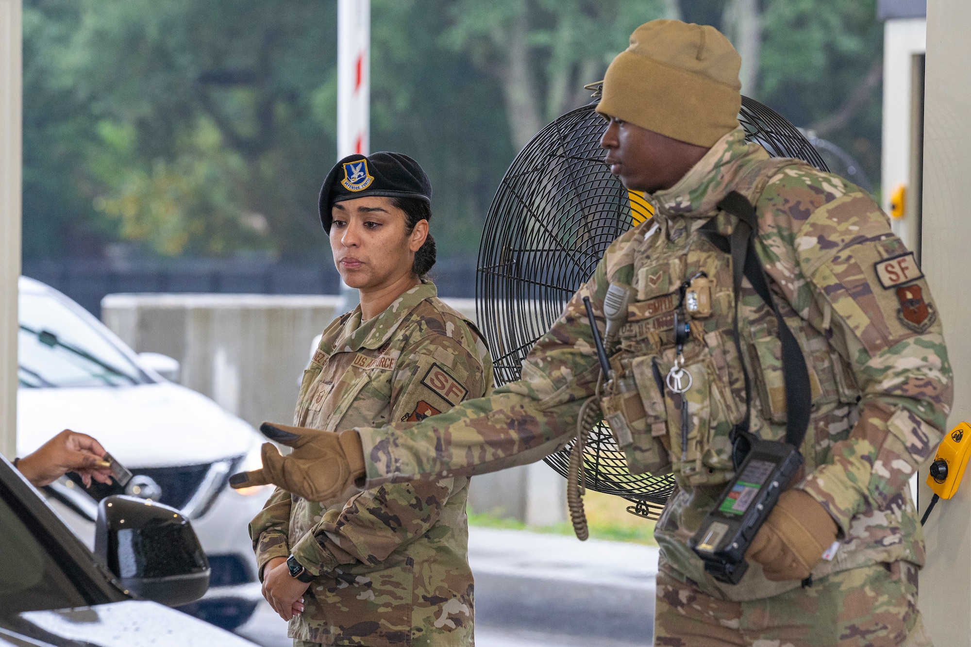 U.S. Air Force Master Sgt. Jessica Martinez-Santana, 81st Security Forces Squadron operations NCO in charge, oversees a Defender at the Division Street gate on Keesler Air Force Base, Mississippi, Nov. 14, 2023.