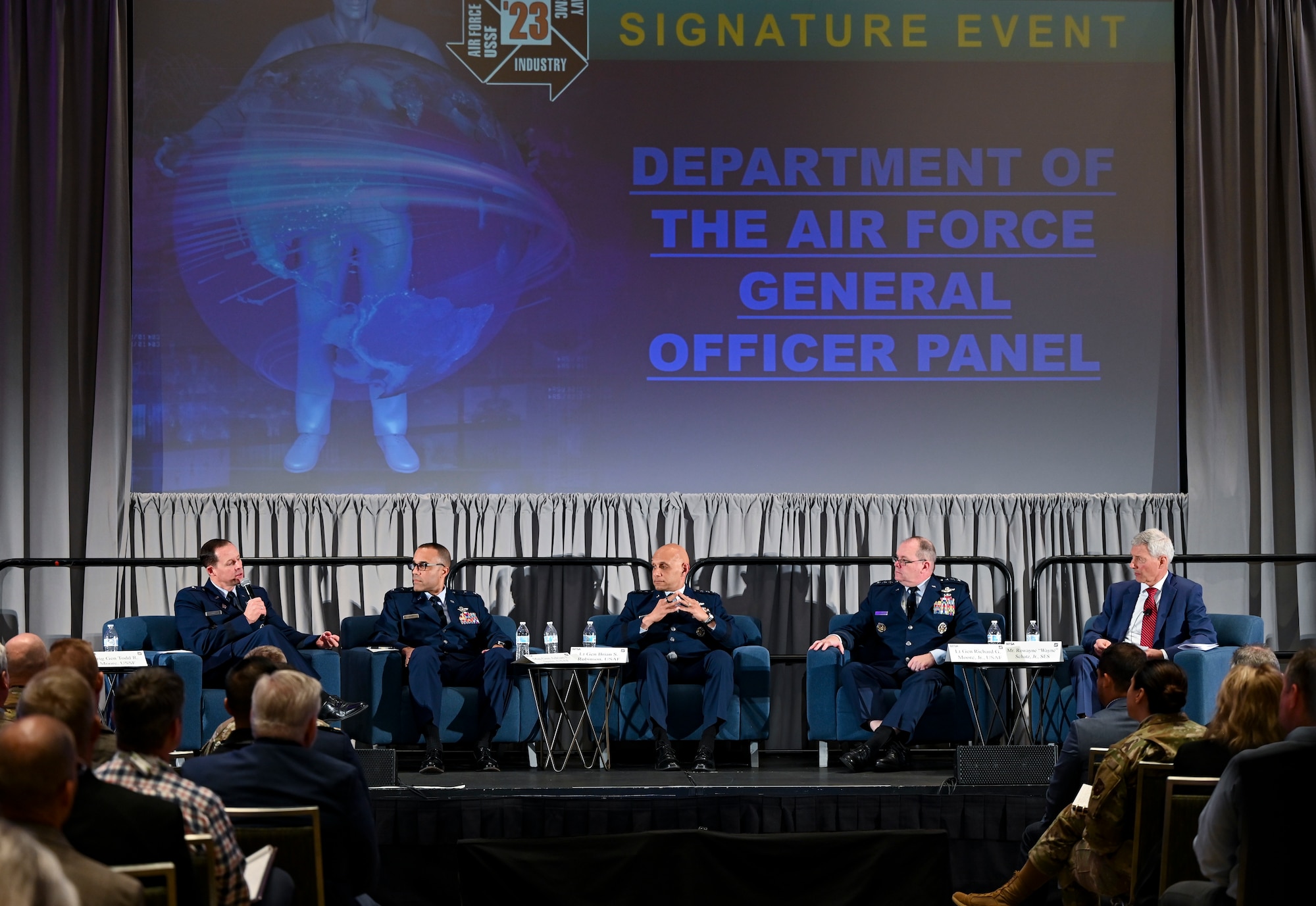 U.S. Space Force Brig. Gen. Todd Moore, Deputy Commander of Space Training and Readiness Command, delivers featured remarks during a Department of the Air Force General Officer panel discussion at the 2023 Interservice/Industry Training, Simulation and Education Conference in Orlando, Florida, Nov. 28, 2023.