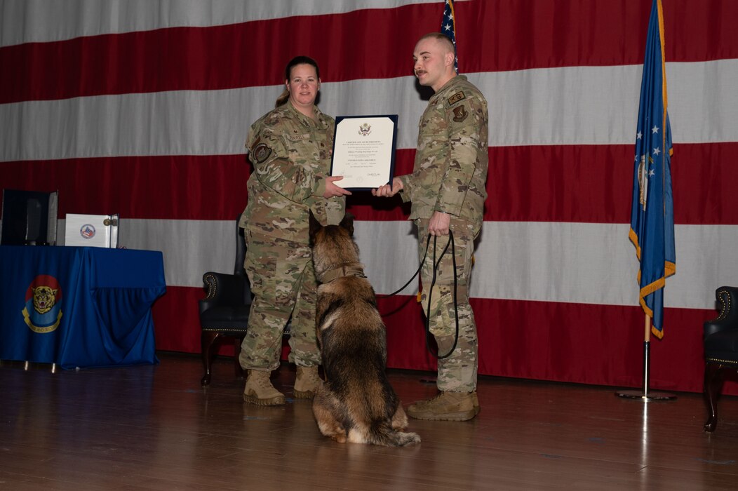 U.S. Air Force Military Working Dog, Oogre, recieves a certificate of retirement from the 354th Security Forces Squadron on Eielson Air Force Base, Alaska, Nov. 17, 2023.