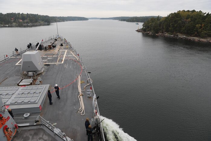 STOCKHOLM (Sept. 29, 2023) The Arleigh Burke-class guided-missile destroyer USS Paul Ignatius (DDG 117), navigates narrow waterways as the ship pulls into Stockholm for a port visit, Sept. 29, 2023. Paul Ignatius is on a scheduled deployment in the U.S. Naval Forces Europe area of operations, employed by the U.S. 6th Fleet to defend U.S., allied and partner interests. (U.S. Navy photo by Mass Communication Specialist 1st Class Zac Shea)