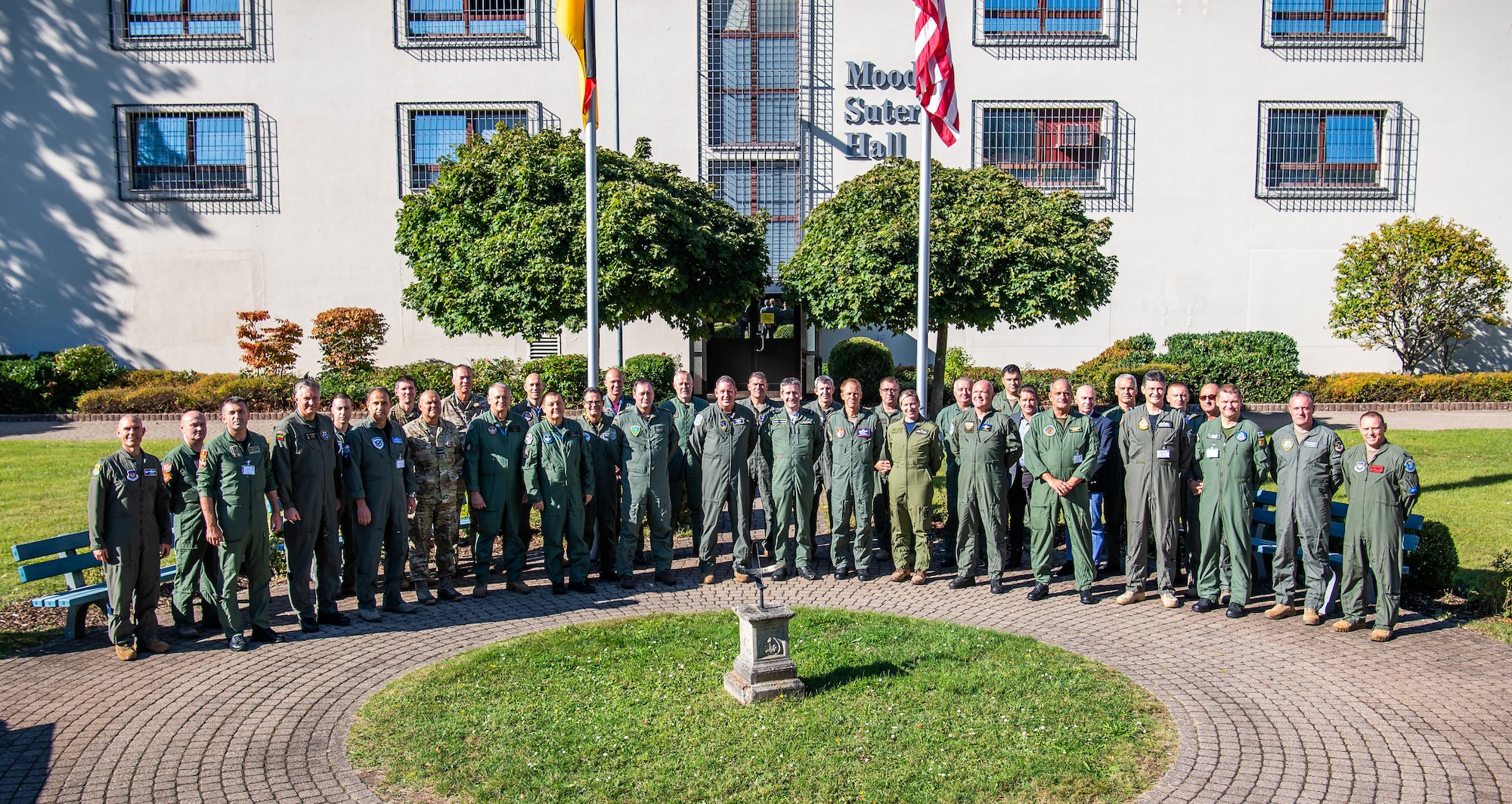 U.S. Air Force Gen. James B. Hecker, United States Air Forces in Europe, Air Forces Africa commander, NATO Air Chiefs and USAFE-AFAFRICA Warfare Center leadership pose for a photo at Einsiedlerhof Air Base, Germany, Sept. 27, 2023. UAWC leadership provided the distinguished visitors with a mission brief and a tour of the training facilities. (U.S. Air Force photo by Senior Airman Jared Lovett)