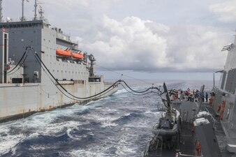 USS Rafael Peralta (DDG 115) replenishes from USNS Wally Schirra (T-AKE 8) in the South China Sea.