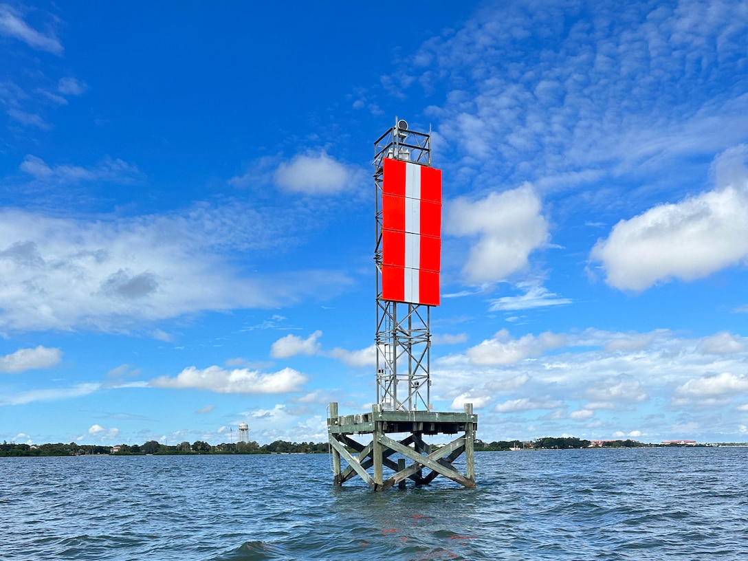 The completed Alafia River Rear Range Light on the Alafia River, Wednesday, Sept. 27, 2023. The boards were damaged during Hurricane Idalia, creating an aid-to-navigation discrepancy and hazard to navigation. (U.S. Coast Guard photo by Petty Officer 1st Class Nicole J. Groll)
