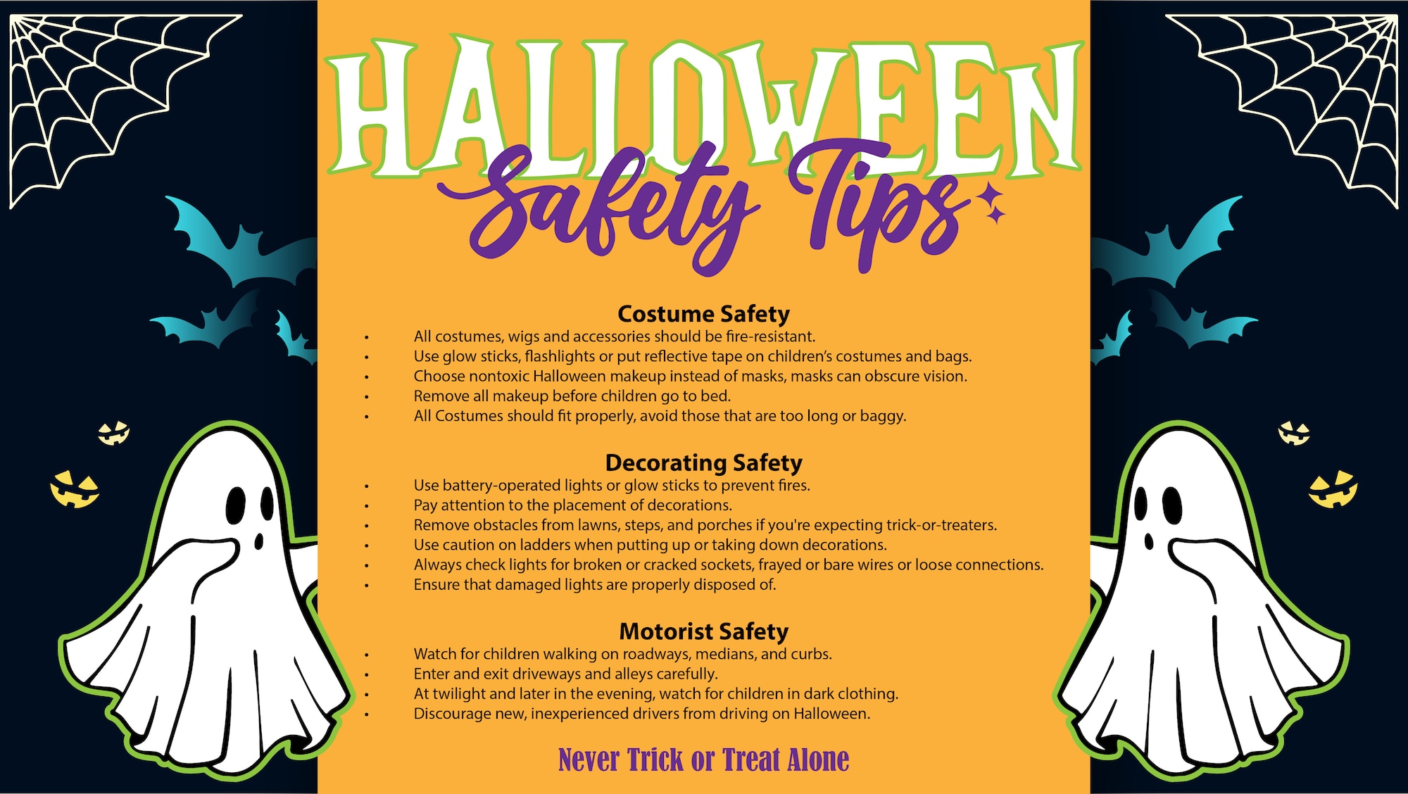 Arnold Engineering Development Complex Safety personnel urge folks to be cautious when decorating for Halloween, dressing up children for an evening of trick-or-treating or while traveling on Halloween night. (U.S. Air Force graphic by Brooke Brumley)