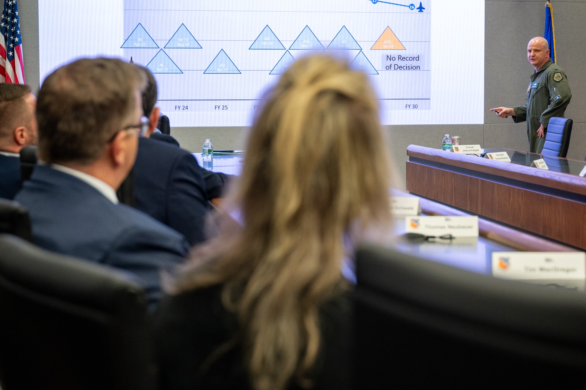 Col. Joshua Padgett, 482d Fighter Wing Commander, highlights the essential functions and preparedness of Homestead Air Reserve Base to members of the Florida Defense Support Task Force at Homestead Air Reserve Base on Sept. 21, 2023.