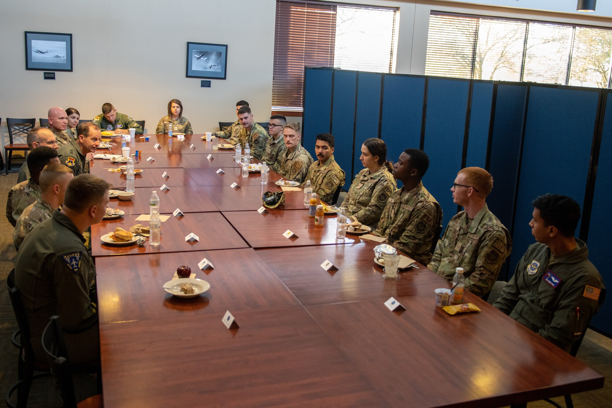 Airmen from across the 22nd Air Refueling Wing discuss their experiences at McConnell with 18th Air Force leadership, Sept. 27, 2023, at McConnell Air Force Base, Kansas. The leaders spent three days at McConnell touring the base and talking to Airmen about current and recently finished operations. (U.S. Air Force photo by Airman 1st Class Felicia Przydzial)
