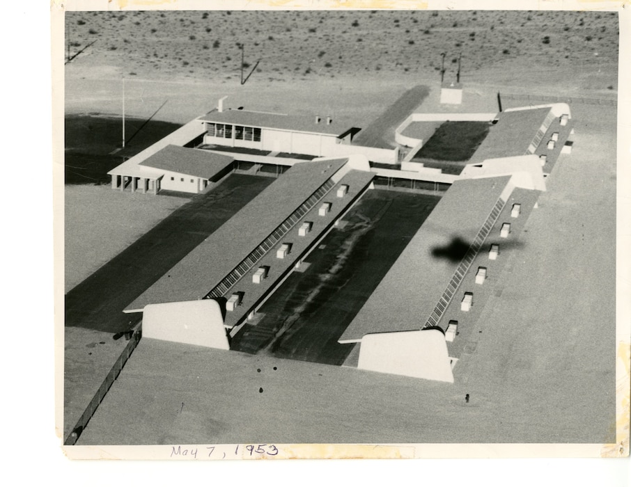 Aerial view from the east looking west of the school after construction, 7 May 1953.