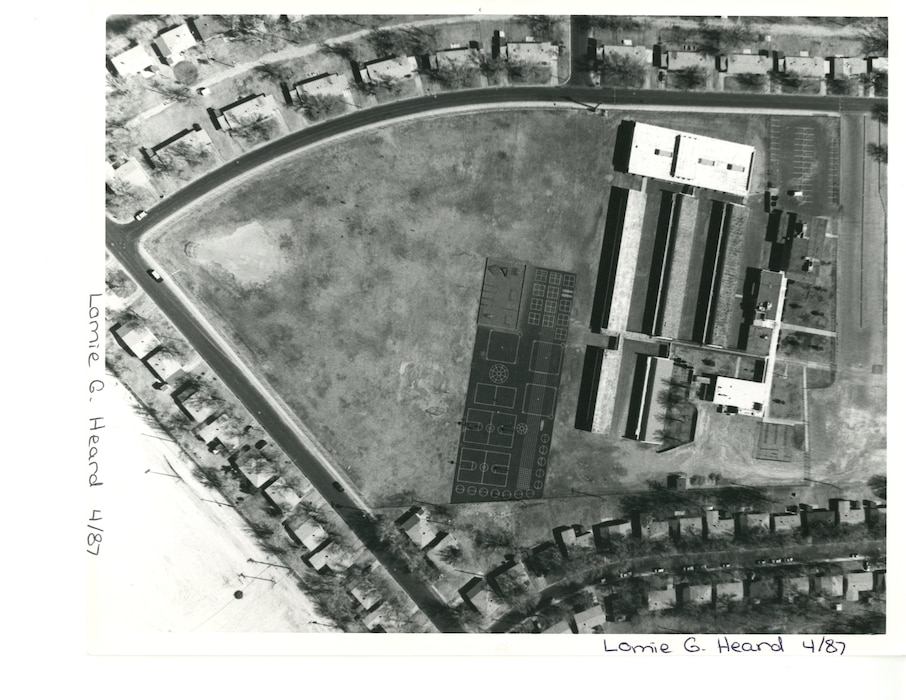 Lomie Gray Heard Elementary School aerial view in April 1987. Note the 1980’s era additional buildings and sports court.