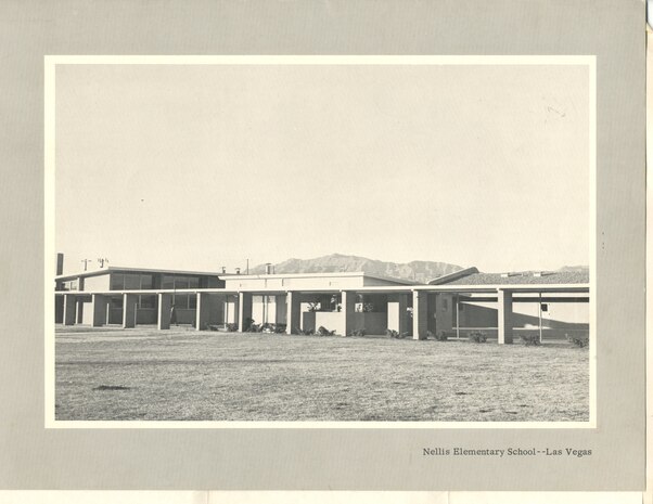 Lomie G. Heard Elementary School “Desert Hawks” mascot logo and facility on Nellis Air Force Base. The school is the only Clark County school on a military base.