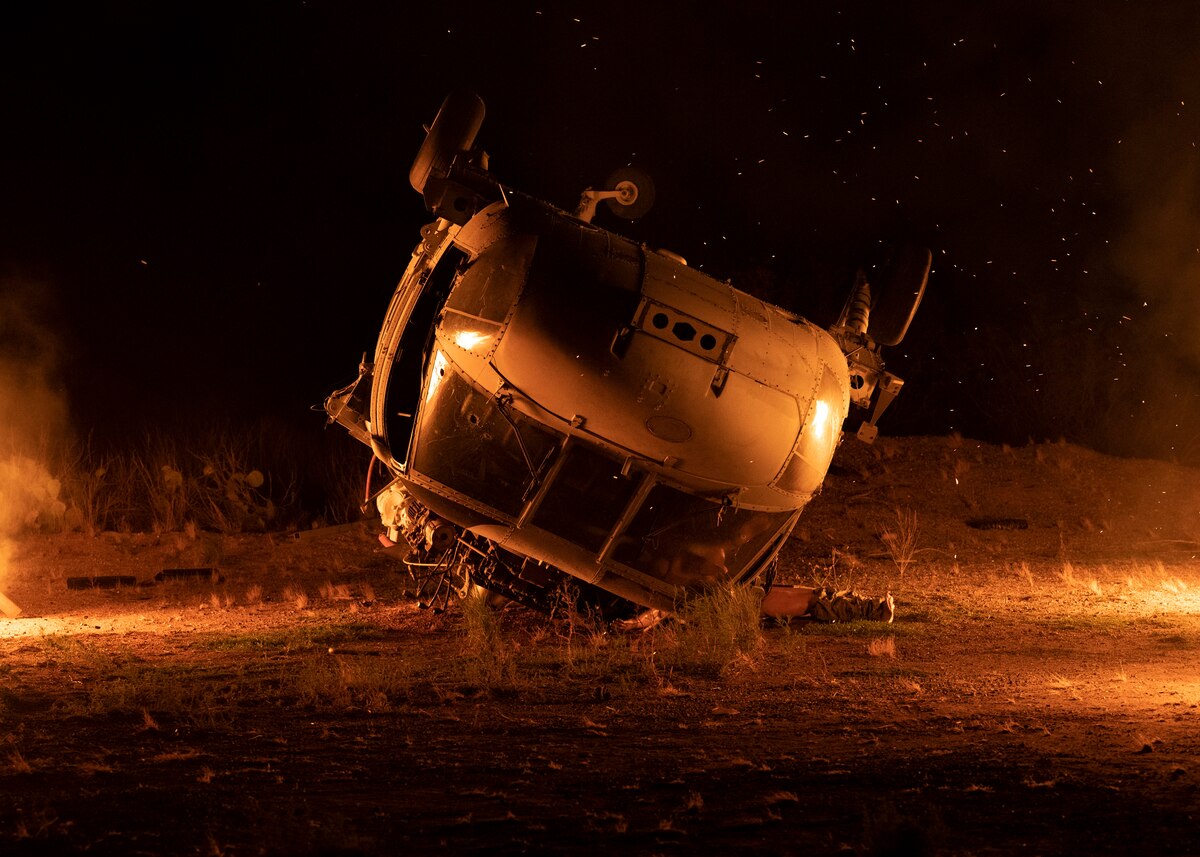 A simulated aircraft crash is used for a training exercise hosted by the 68th Rescue Squadron at Davis-Monthan Air Force Base, Ariz., Aug. 24, 2023. The crash was used to train pararescuemen in searching for simulated casualties in an austere environment. (U.S. Air Force photo by Airman 1st Class William Finn V)