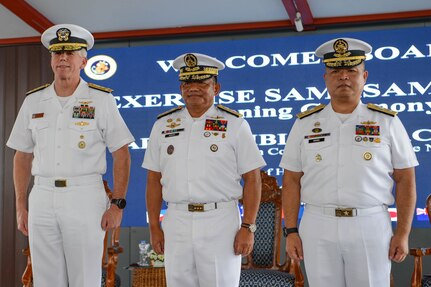 MANILA, Philippines (Oct. 2, 2023) – Vice Adm. Karl Thomas, Commander, Seventh Fleet, left, Vice Adm. Toribio D. Adaci Jr., Flag Officer in Command, Philippine Navy, center, and Commodore Joe Anthony C. Orbe, Commander, Naval Forces Southern Luzon, pose for a photo during the opening ceremony of Sama Sama 2023. MTA Sama Sama is a multilateral exercise including forces from Philippines, the United States, Australia, France, Japan, Canada and the United Kingdom designed to promote regional security cooperation, enhance maritime interoperability, and maintain and strengthen maritime partnerships. (U.S. Navy photo by Mass Communication Specialist 2nd Class Sean Lynch)