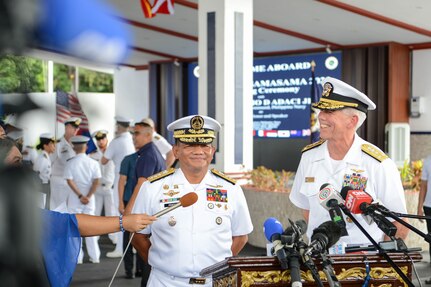 MANILA, Philippines (Oct. 2, 2023) – Vice Adm. Karl Thomas, Commander, Seventh Fleet, right, and Vice Adm. Toribio D. Adaci Jr., Flag Officer in Command, Philippine Navy, left, respond to inquiries from media outlets during the opening ceremony of Sama Sama 2023. MTA Sama Sama is a multilateral exercise including forces from Philippines, the United States, Australia, France, Japan, Canada and the United Kingdom designed to promote regional security cooperation, enhance maritime interoperability, and maintain and strengthen maritime partnerships. (U.S Navy photo by Mass Communication Specialist 2nd Class Sean Lynch)