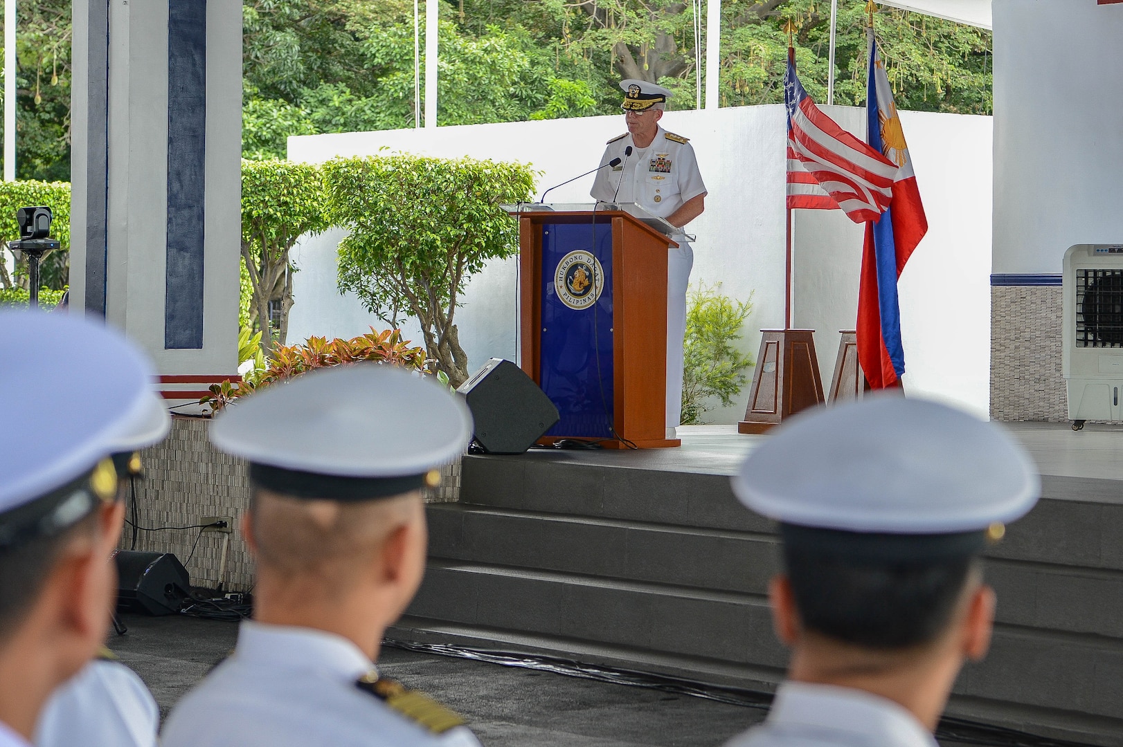 MANILA, Philippines (Oct. 2, 2023) – Vice Adm. Karl Thomas, Commander, U. S. Seventh Fleet, gives remarks during the opening ceremony of Sama Sama 2023. MTA Sama Sama is a multilateral exercise including forces from Philippines, the United States, Australia, France, Japan, Canada and the United Kingdom designed to promote regional security cooperation, enhance maritime interoperability, and maintain and strengthen maritime partnerships. (U.S. Navy photo by Mass Communication Specialist 2nd Class Sean Lynch)